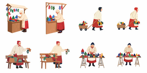 Fototapeta premium Collection of flat illustrations of an elderly woman selling handmade knitted winter wear like hats and mittens at various outdoor market stalls.