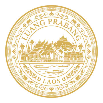 Golden Luang Prabang Laos travel seal featuring temples and elephants vector illustration