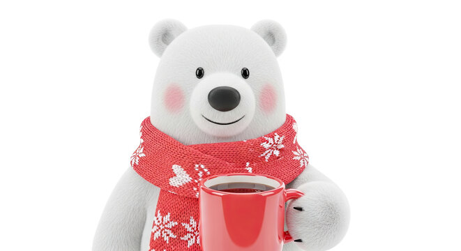 Cute polar bear character wearing a red snowflake scarf and holding a red mug of coffee