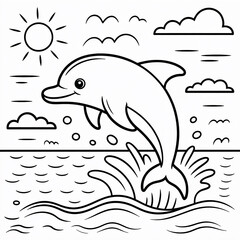 Obraz premium A playful dolphin leaping out of the cheerful ocean under a bright sky