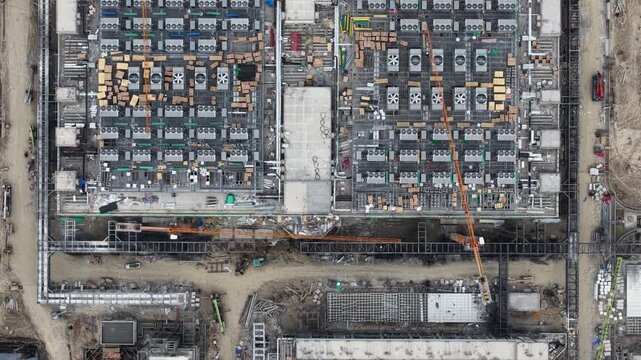 Aerial drone video of massive hyperscale data center construction near Bangkok, Thailand, featuring AI technology, cloud computing infrastructure, and rapid digital expansion.
