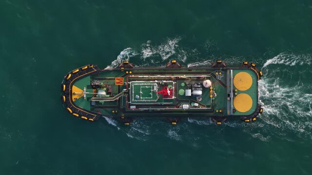 Aerial top down drone video of a tug boat escorting a large ship out of port, showing harbor operations, maritime transport, vessel guidance, and commercial shipping movement.