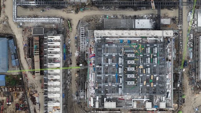 Aerial drone video of massive hyperscale data center construction near Bangkok, Thailand, featuring AI technology, cloud computing infrastructure, and rapid digital expansion.