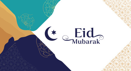 Elegant Eid Mubarak greeting card with Islamic crescent moon and star motif, featuring abstract geometric patterns and a desert landscape. © pria