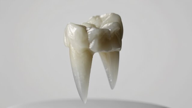 Dental crown with two pointed cusps suspended in mid-air against a neutral background, showcasing its detailed surface and structure in a clinical setting