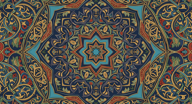 Intricate Octagonal Mandala Pattern with Rich Blue, Gold, and Red Hues.