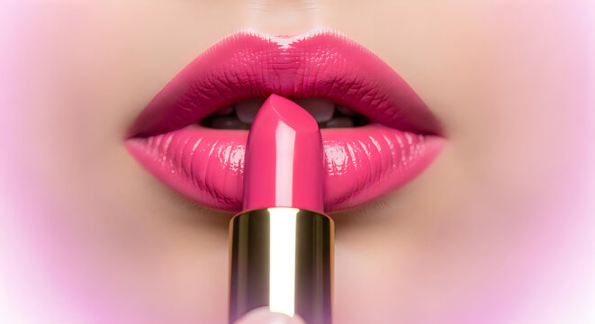 A Close-up of Beautiful Lips Applying Pink Lipstick for a Flawless Makeup Look