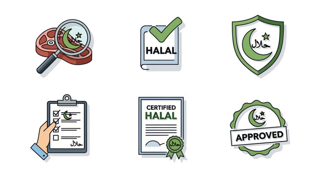 Halal Food Certification Icons: Meat Inspection, Approved Stamp, Certificate, Checklist