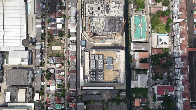 Aerial drone footage of STT Bangkok 1 data center showing construction and expansion of hyperscale cloud computing and artificial intelligence infrastructure in Thailand.