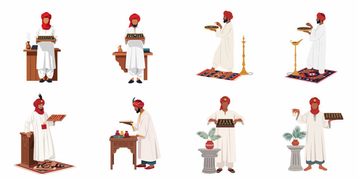 Collection of Middle Eastern jewelry merchants in traditional costumes holding trays with rings and gemstones, isolated on a white background.