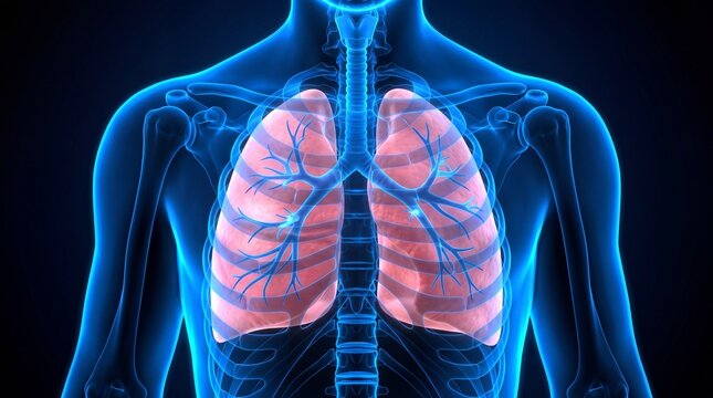 A medical illustration of a human body with visible lungs and ribcage