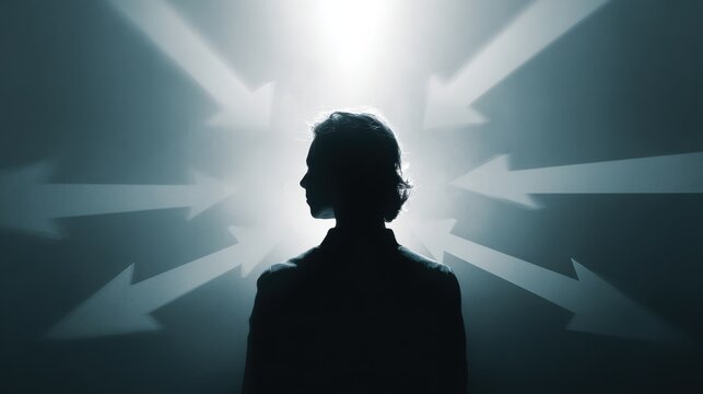 A silhouette of a person standing, facing multiple directions. The person is standing in front of arrows pointing in multiple directions, suggesting options, choices, and decisions. 