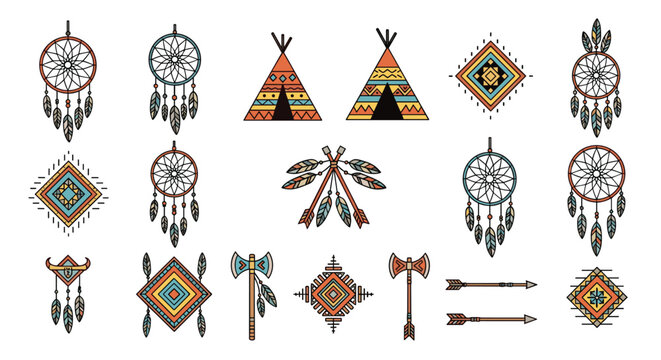 Collection of native american style icons including colorful dreamcatchers and teepees with axes and arrows for ethnic heritage projects.