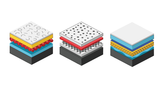 Isometric view of layered material samples showing different textures and compositions for engineering or manufacturing and construction design.