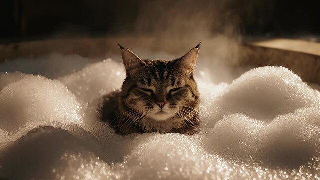 A tabby cat with intense eyes submerged in bubbling, frothy bathtub water, steam rising