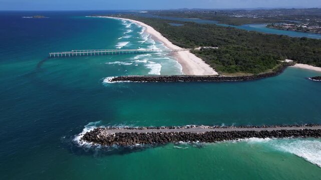 Marlo&rsquo;s Beach, Letitia Beach, Tweed Sand Bypass In Fingal Head, New South Wales, Australia - Drone Shot