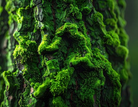 A vibrant close-up reveals the lush green moss covering the textured bark of a tree.