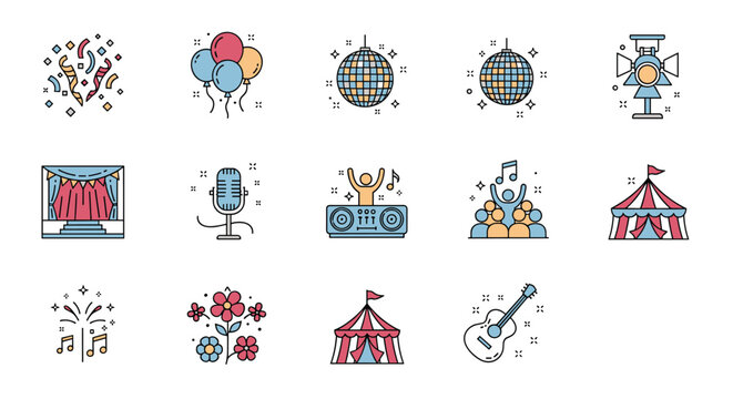 Colorful collection of party and celebration icons including disco balls, balloons, microphone, dj deck, and a circus tent.