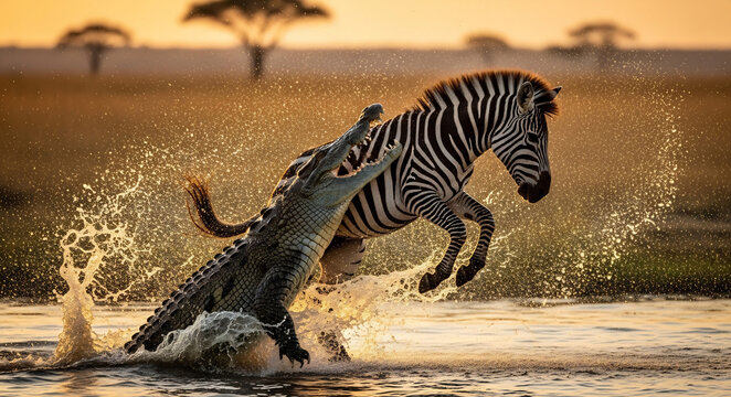 A dramatic scene of a zebra escaping a crocodile in a savannah waterhole