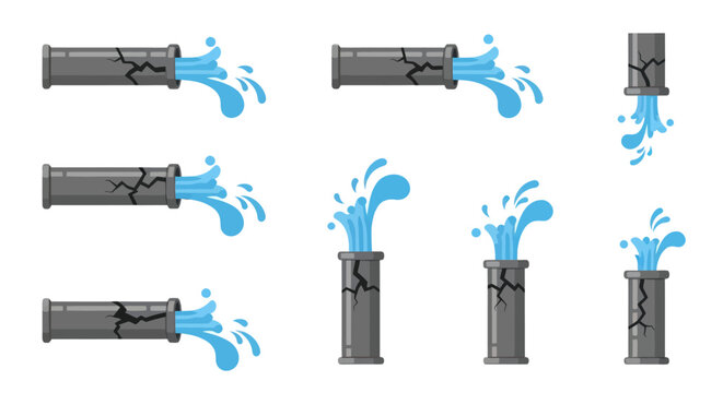 Cracked pipes leaking water, plumbing problems illustration