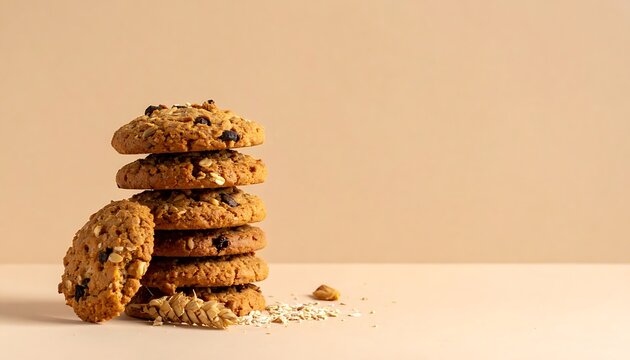 A stack of cookies on a table with a beige background