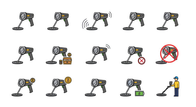 Metal Detector Icons: Search, Treasure, Coins, Bitcoin, Prohibition, Money, Person