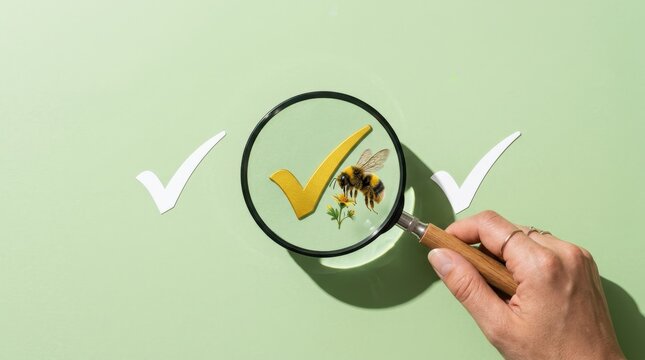 A hand examines a magnified bee with a yellow checkmark through a magnifying glass on a green background with white checkmarks.