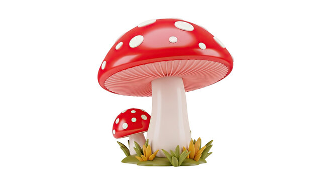 Two cartoon-style red and white spotted mushrooms on a white background