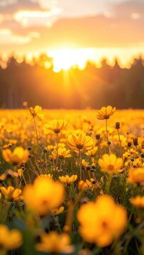 A vibrant field of yellow wildflowers basks in the warm glow of a setting sun, creating a picturesque and serene natural landscape.