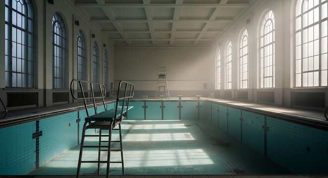 An empty indoor swimming pool with a diving board and chairs in a serene and peaceful atmosphere