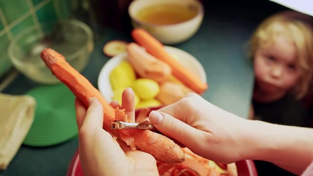 Close-up hands peeling a carrot in the kitchen while a toddler watches, everyday meal prep for a healthy family dinner and home lifestyle content.