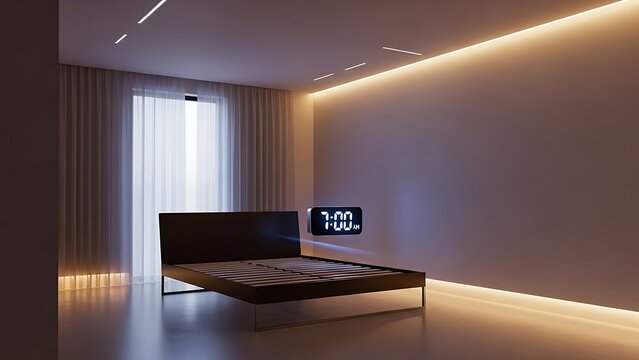 Modern bedroom interior with bed and digital clock at 7am