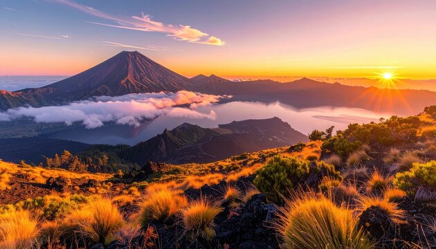 A breathtaking sunrise illuminates a majestic mountain peak rising above a sea of clouds.