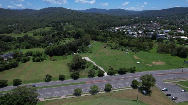 Gold Coast Springbrook Road And Somerset Drive In Mudgeeraba, QLD, Australia. Aerial Pullback Shot