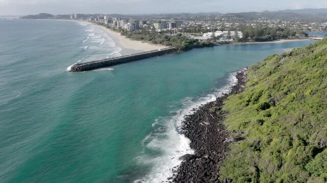 Burleigh Head National Park With The Inlet Of Tallebudgera Creek On The Gold Coast, Queensland, Australia. Aerial Shot