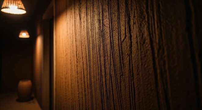 Close-up textured dark earthy brown clay plaster wall surface with visible vertical grain patterns