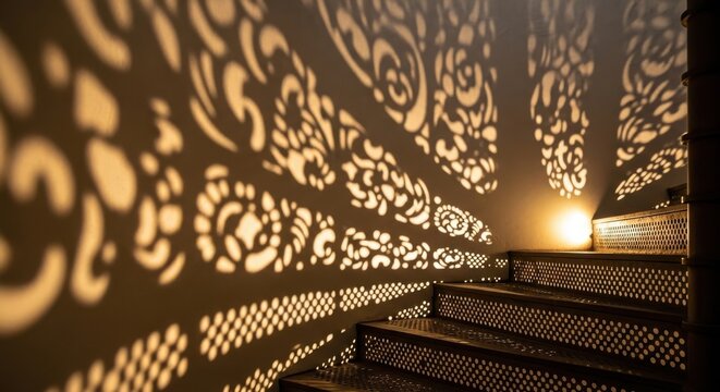 Ornate patterned light and shadow cast on a wall beside modern perforated metal stairs