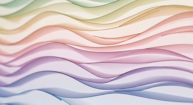 Overlapping translucent paper layers create a soft pastel gradient wave pattern