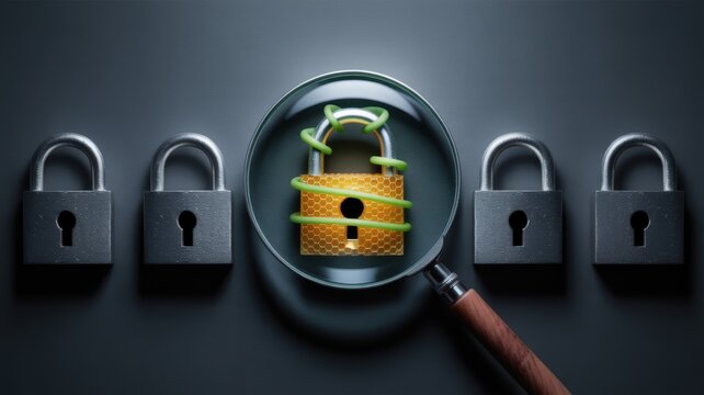 A magnifying glass examines a central gold padlock surrounded by four gray locks on a dark surface.