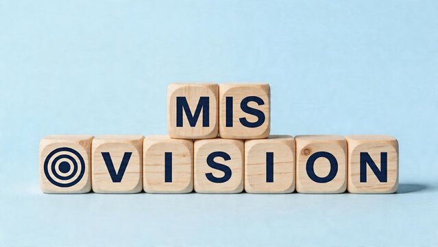 Business wooden cubes text mis vision concept on blue background strategy error corporate vision mistake wrong direction management problem