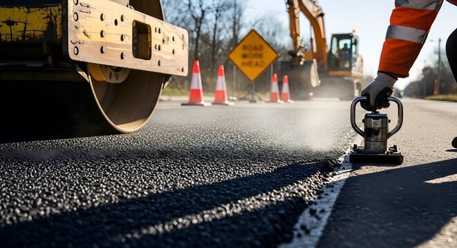 A construction worker using a plate compactor to smooth out freshly laid asphalt on a road.