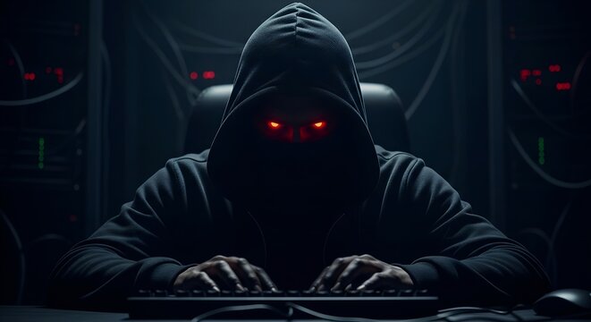A hooded figure with glowing red eyes is typing on a keyboard in a dark room.
