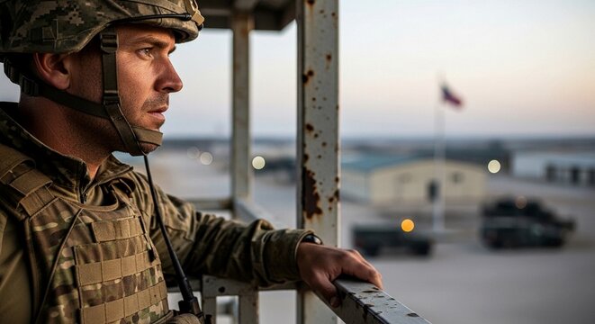 A soldier in camouflage gear stands watch from a high vantage point overlooking a military base.