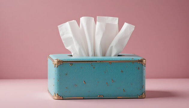 A blue tissue box with gold accents on a pink background, containing white tissues, decorative and elegant design