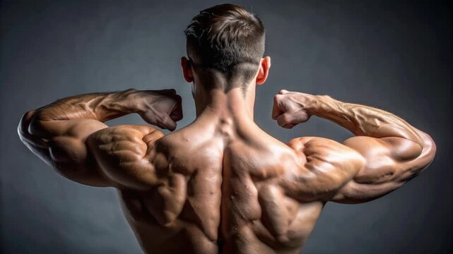 Powerful back and arm muscles of a fit man flexing his physique