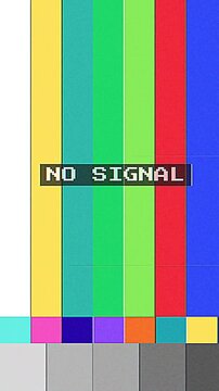 Retro television test pattern with vibrant color bars indicating a 'no signal' message on an old screen