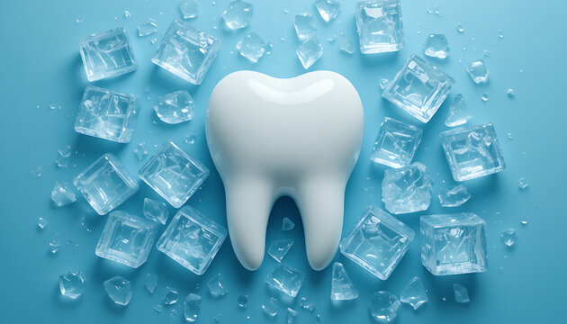 A white tooth surrounded by ice cubes on a blue background for dental health concepts and cold sensitivity