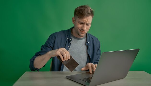 A hesitant male shopper pulls his wallet away from a laptop keyboard on a green screen background, expressing doubt about an online purchase.