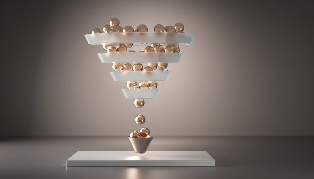 Conceptual 3D Sales Funnel Visualization With Golden Spheres Filtering Downward.