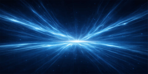 Fototapeta premium An abstract blue galaxy background features a bright star burst of glowing laser beams and fractal energy flashes across a cosmic space illustration